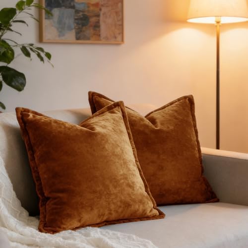Luxurious Velvet Euro Shams Decorative Throw Pillow Covers 26x26 Set of 2 Solid Square Euro Pillow Shams for Sofa Couch Bedroom, Caramel by COCOPLOCEUS