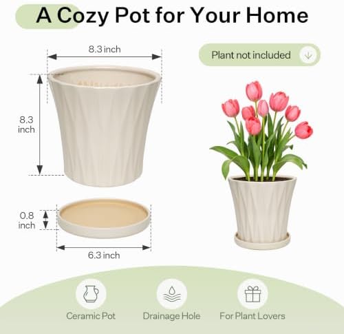 8.3 Inch Ceramic Planters with Drainage Hole and Saucer,Indoor Outdoor Large Flower Pots, Garden Pot for Plant Lovers (White) - Image 6