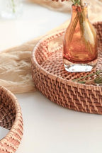 HITOMEN 14.2" Hand-Woven Round Rattan Serving Tray Decorative Ottoman Wicker Platter with Handles for Coffee Table, Breakfast, Drinks, Snack, Bread, Fruit, Vegetables (Honey Brown-L) - Image 4