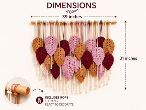 Macrame Wall Hanging Large, Boho Wall Decor, Leaf Macrame Wall Art, Woven Cotton Tapestry for Bedroom Living Room (Pink and Wine) 39" x 31" - Image 2