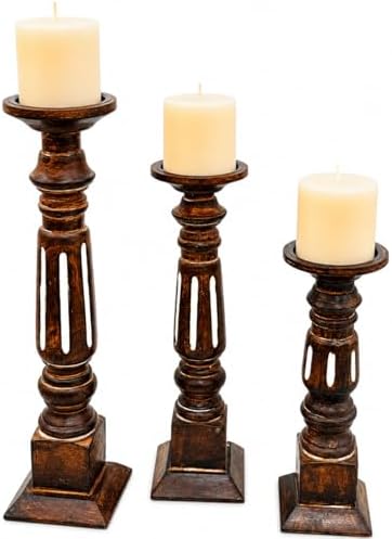 Pillar Candle Holders Set of 3, Candle Holders for Pillar Candle,Mango Wood Candle Holder for Coffee Dining Table, Wedding, Christmas, Halloween, Home Decoration,Brown by THOR+INSTRUMENTS