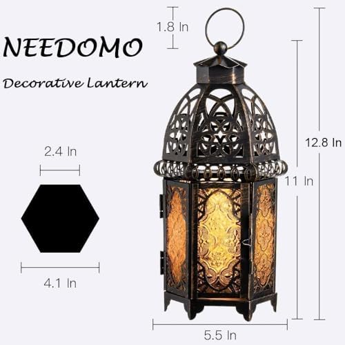 NEEDOMO Set of 2 Hanging Moroccan Lantern, 12.8'' Vintage Candle Holder, Metal Lanterns Decorative Indoor Outdoor, Table, Patio, Porch, Shelf, Ramadan Decorations (Amber) - Image 2