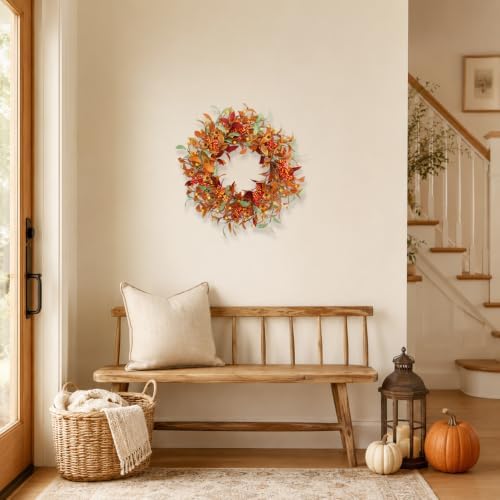 18 Inch Fall Wreath for Front Door, Autumn Floral Wreath with Orange Leaves, Berry Clusters, Flowers and Greenery for Porch Wall Entryway Mantel Thanksgiving Décor - Image 5