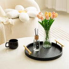 Decorative Serving Trays, Set of 2 Wood Modern Crocodile Leather Round Tray with Polished Metal Handles, Decorative Trays Coffee Table Tray Ottoman Platter for Home Decor (Black) - Image 5