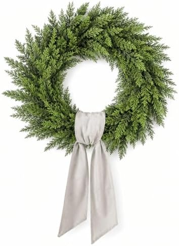 24 Inch Greenery Wreath for Front Door with Wreath Sash, Faux Cedar Door Wreath for All Seasons, Farmhouse Wall Decor for Entryway Porch Window by Livresse