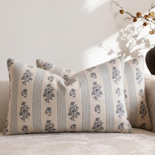 Amor Virisso Floral Throw Pillow Covers 12 x 20 Set of 2 Block Print Pillow Covers Neutral Floral Striped Farmhouse Decorative Pillow Covers for Sofa Couch Bed, Light Blue by AffordableFloralPrintMaker