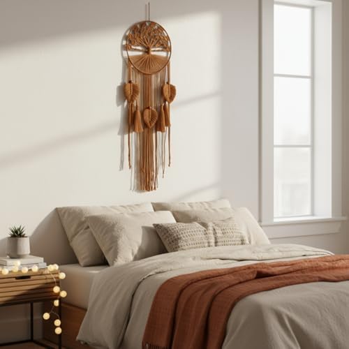 Tree of Life Macrame Wall Hanging Boho Dream Catcher Tapestry, Handmade Woven Wall Art for Bedroom Living Room Hallway Symbol of Growth Harmony Positive Energy Gift for Women - Brown - Image 3