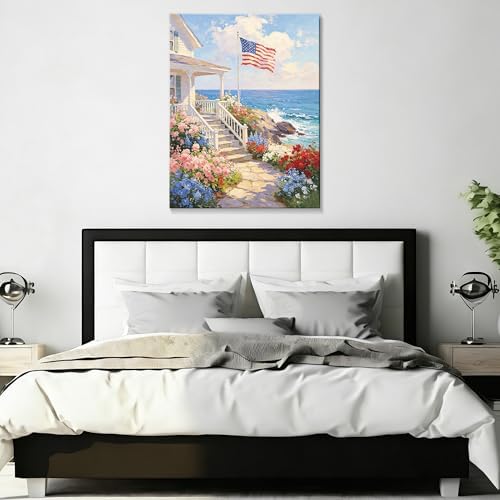 Patriotic Coastal Canvas Wall Art 4th of July American Flag Seaside Cottage Oil Painting USA Flag Ocean Floral Pathway Wall Decor Independence Day Beach House Home Decor 24x36in - Image 6