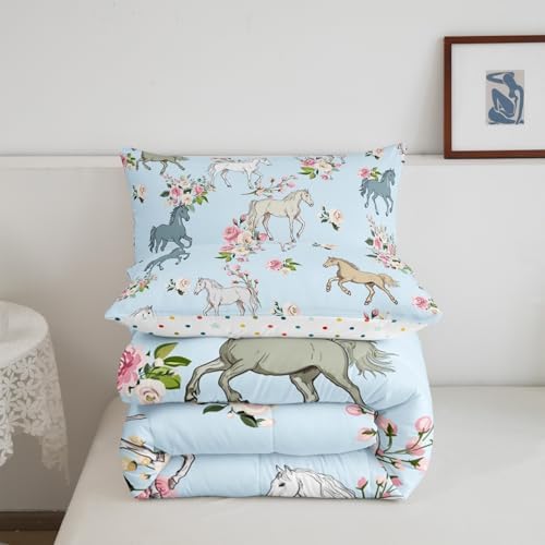 Erosebridal Horse Quilt King Size, Farmhouse Western Cowboy Cowgirls Duvet Insert for Kids Boys Girls Teens, Cartoon Kawaii Horse Bedding Set, Rustic Rose Floral Comforter Set + 2 Pillow Cases - Image 6