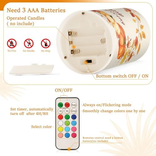 ALAZA Pumpkin Happy Thanksgiving Flickering Flameless Candles Battery Operated with Remote Timer,Tea Light Candles LED Pillar Votive Candles Set of 2 for Outdoor Indoor Decorations - Image 4