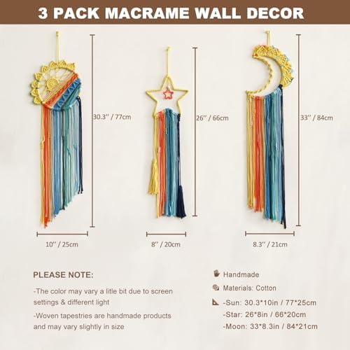 Artilady Macrame Wall Hanging Tapestry, 3 Pakc Boho Sun Dream Catcher Decor - Image 4