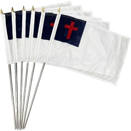 JRED 6 Pack Small Christian Flags on Stick, 12x18 Inch Handheld Christian Jesus Cross Stick Flag, with Retractable Stainless Steel Pole Safety Spear Top, for Easter, Thanksgiving by Home
