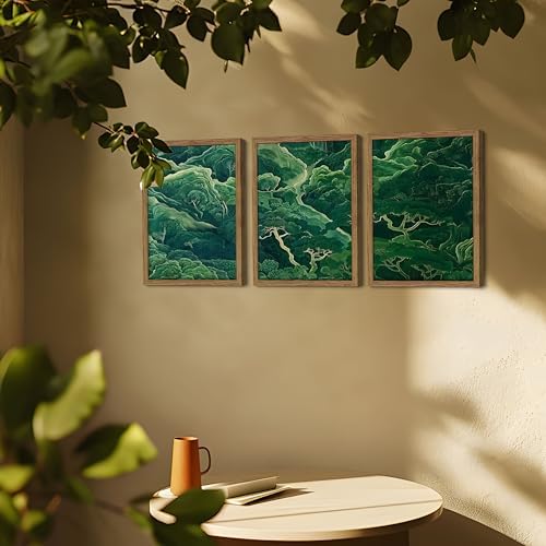 Japanese Nature Forest Wall Art Set of 3, Sage Green Moss Botanical Canvas Wall Decor Paintings, Vintage Mountain Landscape Zen Artwork Pictures Prints for Living Room Bedroom 16x24 Inch Framed - Image 5