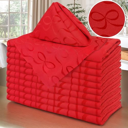 Red Napkins Cloth Pack of 12, Square Napkins 18"x18" - Cotton & Polyester | Wrinkle/Fade Resistant - Reusable Napkins Washable, Christmas Table Napkin for Wedding, Dinner & Party, Bow Jacuqard by VOOVAMOVAS