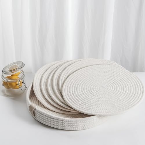 7-Piece Round Cotton Rope Placemats & Holder, Warm Ivory by ArtPineconeHome