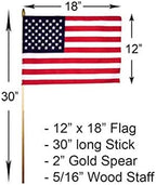 GIFTEXPRESS Pack of 24, Made in USA 12x18 Inch US Stick Flags With Spear Tip, Handheld American Flags, Grave Marker for Cemetery on 30" Dowel With 2" Gold Tip - Image 5