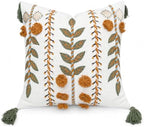 Boho Pom Pom Hand Embroidered 20x20 Pillow Cover, Ivory by YugTex