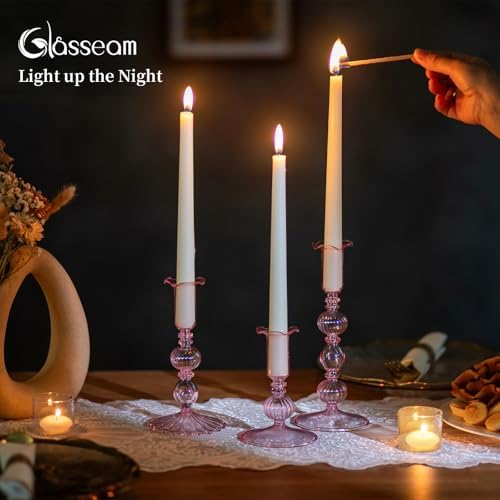 Glasseam 3 Pcs Pink Taper Candlestick Holders with Bobeche for Centerpiece - Image 3