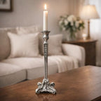 Pewter Candlestick Holder, 12 Inch Tall Single Taper Candle Holder, Ornate Decorative Metal Candle Stand with Embossed Floral Detail and 4 Inch Base for Tabletop Decor - Image 3