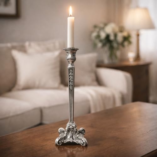 Pewter Candlestick Holder, 12 Inch Tall Single Taper Candle Holder, Ornate Decorative Metal Candle Stand with Embossed Floral Detail and 4 Inch Base for Tabletop Decor - Image 3