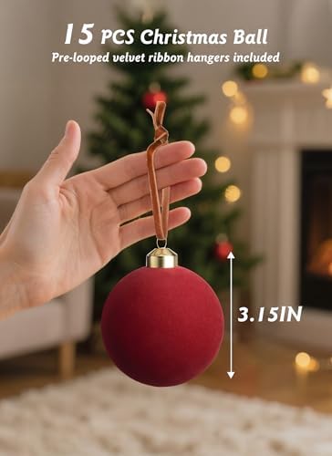Brightown 15 Pcs Red Velvet Christmas Valentines Balls, 3.15 Inch Velvet Ornaments for Christmas Tree, Christma Tree Flocked Ornaments Balls for Family Holiday Wedding Party Xmas Hanging Decoration - Image 2