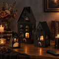3 Pcs Light up Black Halloween Metal House with LED Candles Lanterns Decor by Tujoe