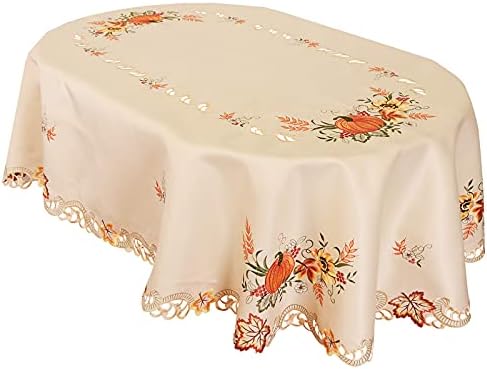 Simhomsen Embroidered Fall Autumn Harvest Pumpkins Tablecloth for Thanksgiving (Oval 52×70 inches) by Simhomsen