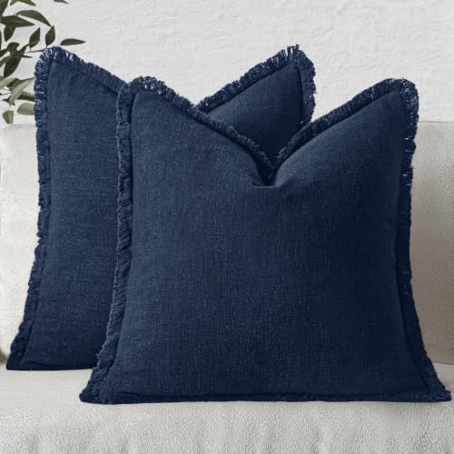 MIULEE Linen Fringe Decorative Euro Throw Pillow Covers Dark Navy 24x24 by MIULEE