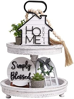 Houmury Rustic Farmhouse Tiered Tray Set with Succulent & Plant - Home Decor for Kitchens (Set of 8 Without Trays) by Houmury