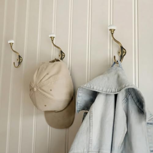 CHIVS Coat Hooks- 5 Pack Matte Brass Brushed Wall Hooks, Ceramic Coat Hooks, Decorative Wall Mounted Towel Hanger, zinc Double Prong Hook for Hanging Clothes, Keys, Hats, Backpacks - Image 5