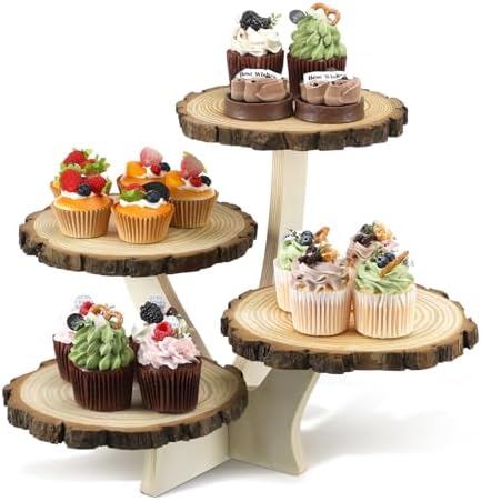 Chunful 4 Tier Round Natural Wood Cupcake Dessert Stand, Cup Cake Tower Stand Holder, Wooden Cake Display Tiered Centerpiece for Party, Birthday, Wedding, Baby Shower, Holiday Decoration by Chunful