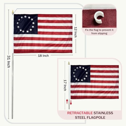 JRED Betsy Ross 13 Stars American Flags on Stick 6 Pack, 12x18 Inch 250 Anniversary Handheld US Flags with Retractable Stainless Steel Pole Safety Spear Top for 4th of July - Image 4