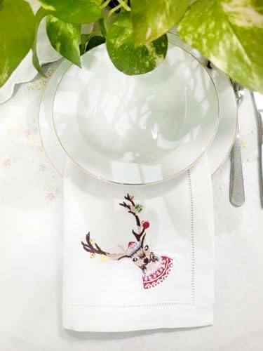 Embroidered Cloth Napkin Deer Christmas Cotton Napkins Set of 6, 20x20 Hemstitch Table Napkins Machine Washable, Daily & Christmas, Great Present Ideas - Image 7