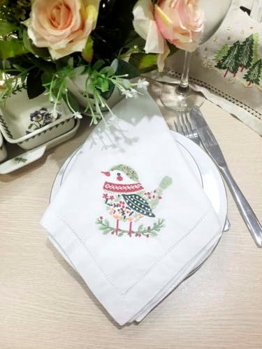 Embroidered Cloth Napkin Bird Christmas Cotton Napkins Set of 6, 20 x 20 Hemstitch Table Napkins, Machine Washable, for Daily & Holiday Dining, Great Gift Ideas - Image 7