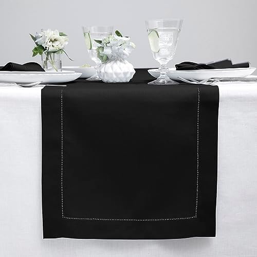 Solino Home 100% Linen Table Runner Black, Classic Hemstitch 14 x 132 in by SolinoHome