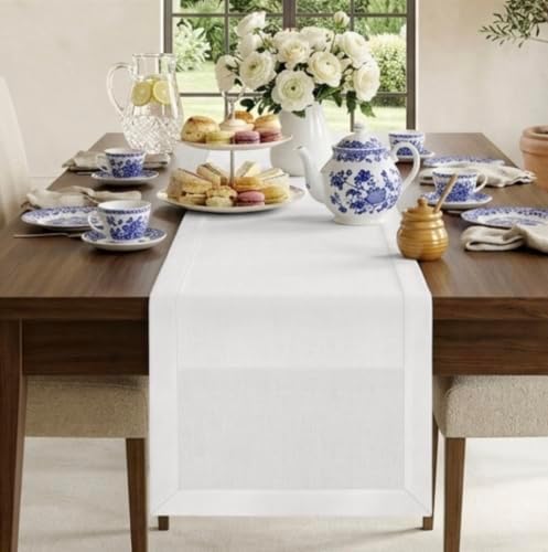Classic Linen™ by D'Moksha, White Table Runner 144 Inches Long, 100% Pure Linen, Extra Long Table Runner, 14 x 144 Inch for Dining- Fall, Weddings, Outdoor Hosting by DMokshaHomes