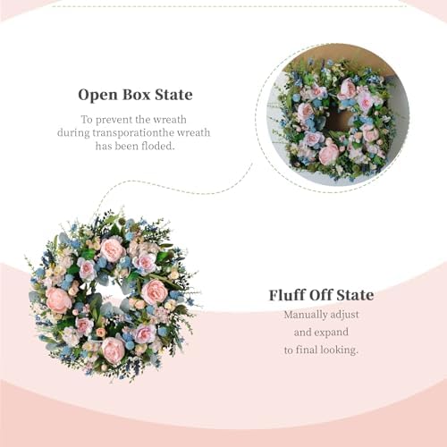 Spring Pink Peony Front Door Wreath 24-inch Flower Blue Wreath Indoor Outdoor Front Door Hallway Window Decoration Wedding Birthday Party Decoration（Pink - Image 3