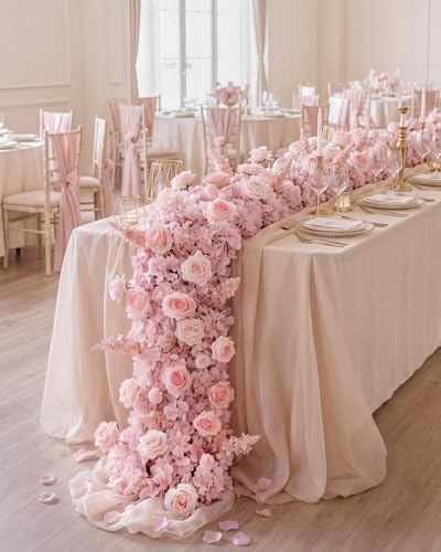 72inch Aisle Flower Garland with Chiffon Sheer Drape, Mixed Pink Artificial Flowers Rose with Hydrangea, Floral Runner for Wedding Arch, Backdrop, Reception Table Decor, Ceremony Pathway - Image 3