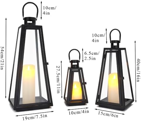 TRIROCKS Set of 3 Decorative Candle Lantern 11/16/21''H Metal Outdoor Candle Holder Hanging Lantern with Tempered Glass for Christmas Home Living Room Parties Event Indoors Outdoors (Black Triangle) - Image 6