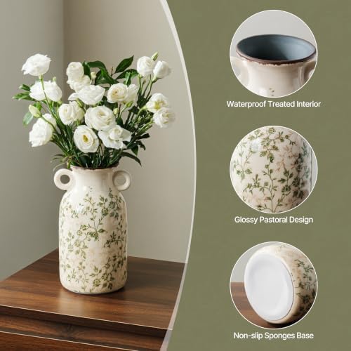 Ceramic Flower Vase with Handle for Home Decor, Vintage Green Vase 9.1 Inch - Image 5