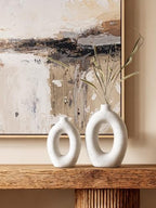 LE TAUCI Ceramic Vases Set of 2, White Hollow Donut Flower Vases, Nordic Decor Decorative Centerpiece for Living Room, Office Table, Shelf, Mantel, White Speckled (H10.5”xW8.5”) - Image 3
