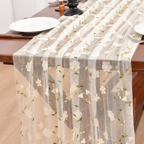 Beige Wildflowers Table Runner Gauze Floral Birthday Party Home Table Decor by Joanlody