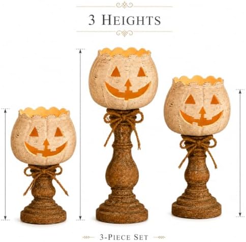Rustic White Pumpkin Tealight Candle Holder Set, Farmhouse Halloween Pumpkin Tea Light Candle Holders Decor, Fall Tables Centerpieces for Thanksgiving & Halloween Party - Image 5