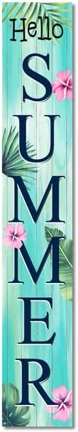Hello Summer Tropical Plants Porch Board Welcome Solid Wood Sign and Porch Leaner for Front Door Porch Deck Patio or Wall Farmhouse Rustic Vertical Porch and Yard Decor 8”x48” by Ymaotrade