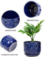 Ceramic Flower Pots, Ceramic Planters with Drainage Hole and Saucer, Modern Round Indoor Succulent Planters with Owl Design, Small to Medium-Sized, Set of 3, Navy Blue - Image 5
