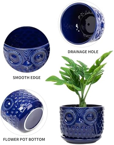 Ceramic Flower Pots, Ceramic Planters with Drainage Hole and Saucer, Modern Round Indoor Succulent Planters with Owl Design, Small to Medium-Sized, Set of 3, Navy Blue - Image 5