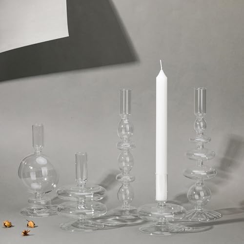 Rtteri 5 Pcs Glass Candlestick Holders Colorful Glass Taper Candle Stand Groovy Candlestick Wavy Boho Chic Clear Bases Holders Elegant Vase for Home Party Centerpiece(Clear) - Image 4