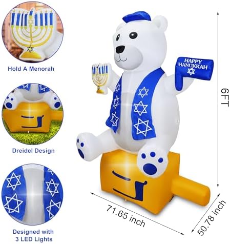6 Foot Hanukkah Inflatables Outdoor Decorations Bear Holding a Star of David and Menorah with Built-in LED Lights, Blow up Hanukkah Decorations Outside Chanukah Decorations for Yard Garden Home Party - Image 3