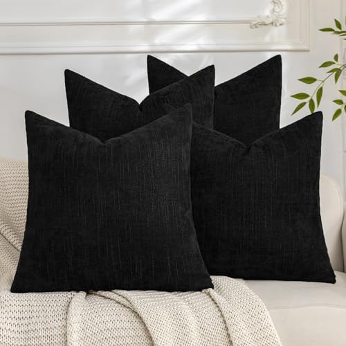Set of 4 Soft Textured Decorative Throw Pillow Covers 20x20 Inch Cozy Farmhouse Cushion Cover Square Accent Pillow Cases for Bed Couch Sofa Living Room, Black by Cozoomy