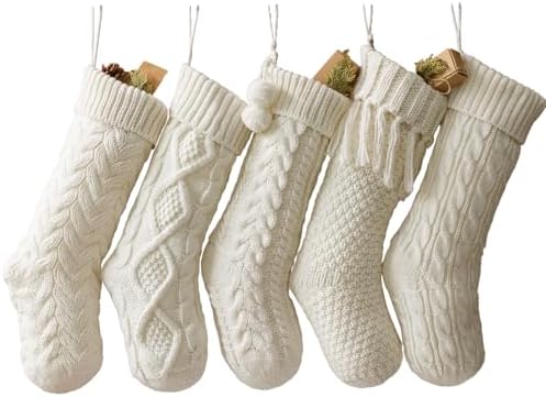 Farmhouse Knitted Personalized Christmas Stockings: 5 Pack 18 Inch Rustic Cable Knit Fireplace Cozy Hanging Xmas Stockings Boho Style Stocking Decorations for Family Holiday Décor, White Beige by Pawliss